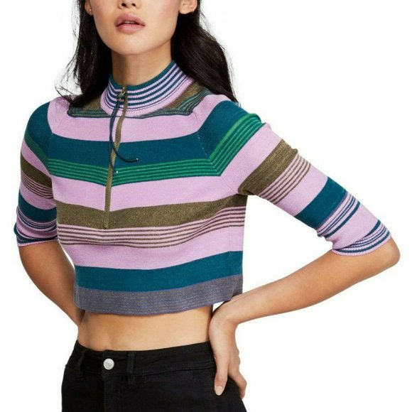Free People Mock Neck Striped Crop Knit Top Size XS - Picture 1 of 12
